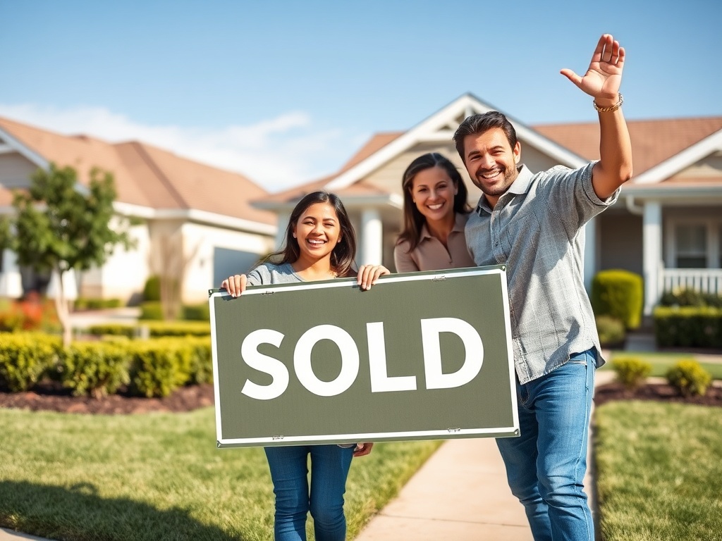 На фото три человека с табличкой "ПРОДАНО" на фоне домов. Они улыбаются и машут рукой.