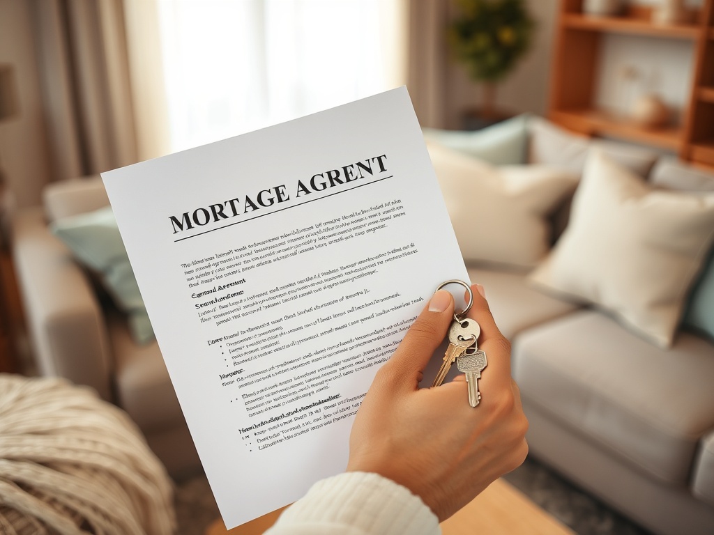 Документ «Ипотечный договор» и ключи от дома лежат на фоне уютной квартиры.