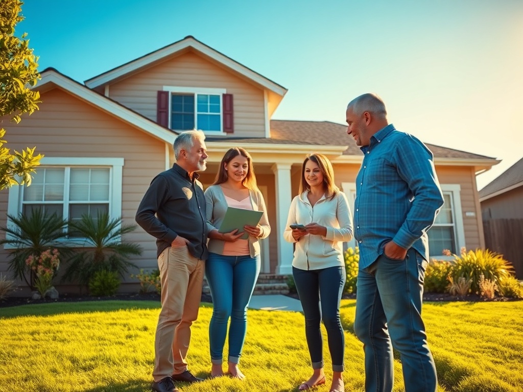 Четыре человека обсуждают что-то на фоне дома, на солнце, в зеленом саду. Улыбаются и счастливы.