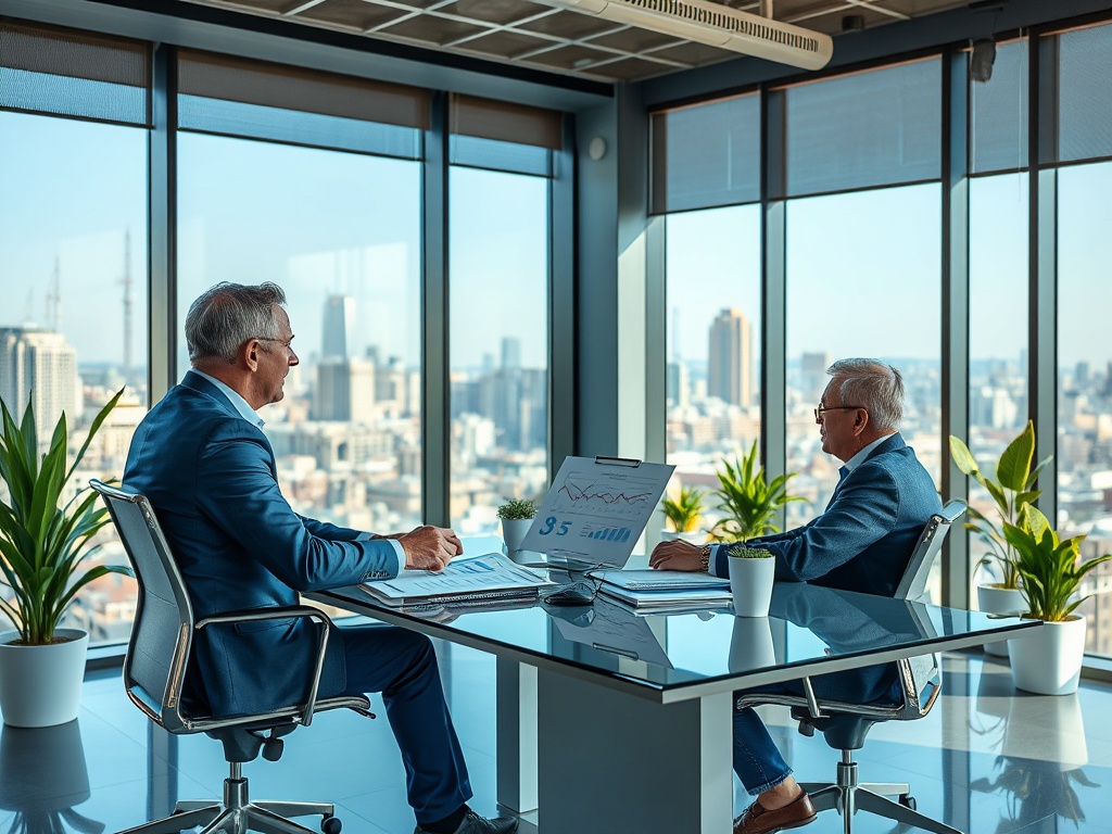 Два человека в офисе обсуждают графики и данные, сидя за столом с видом на город. У окружающих растений.