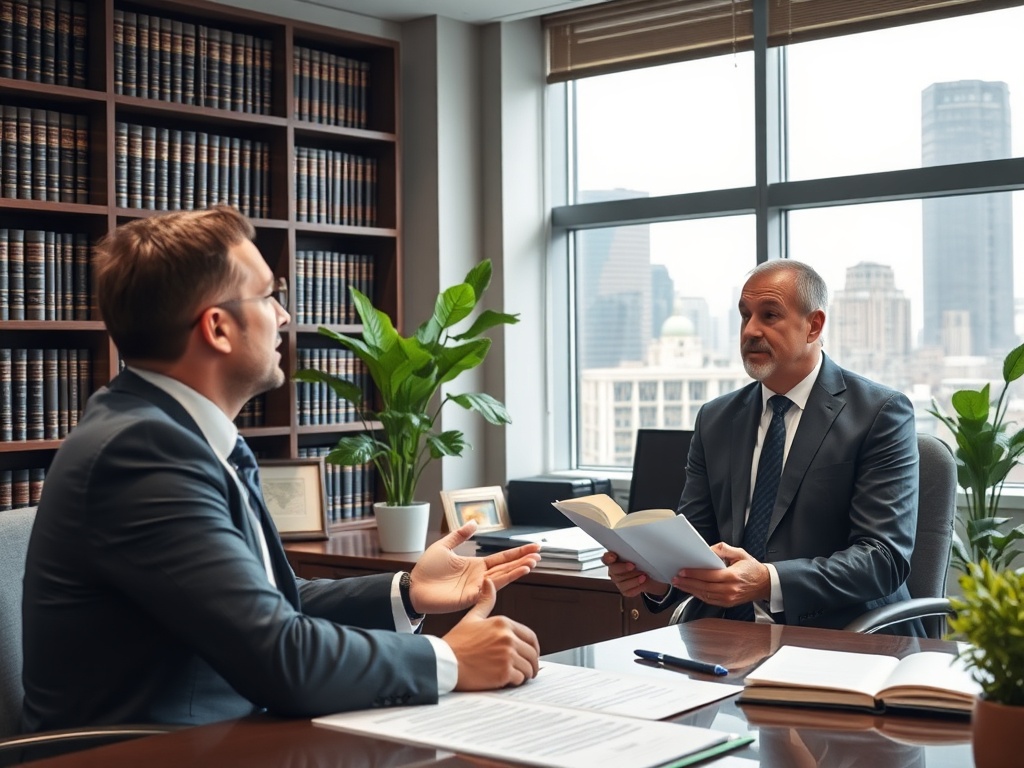 Два человека в деловых костюмах обсуждают документы в офисе с книжными полками и видом на город.