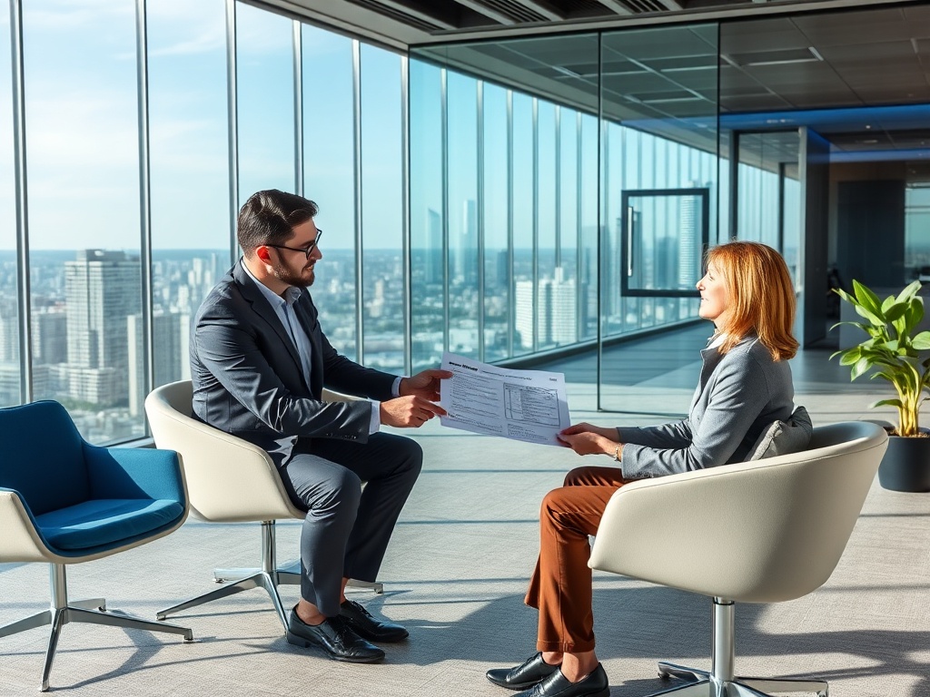 Два человека в офисе обсуждают документы, за ними открывается вид на город и небоскрёбы.