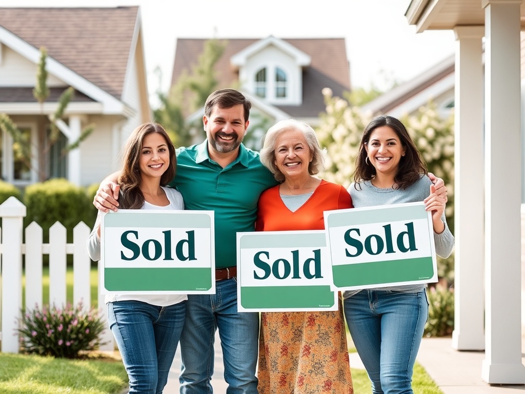Семья стоит перед домом с знаками "Продано", празднуя успешную продажу недвижимости.