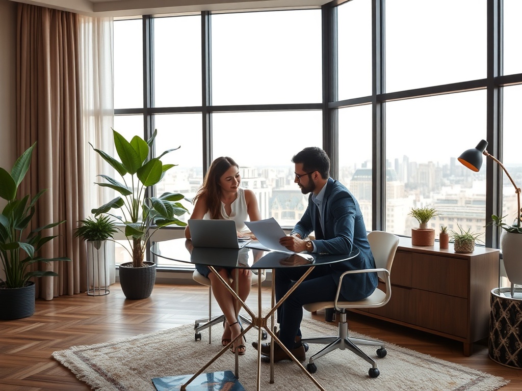 Два человека обсуждают документы в офисе с большими окнами и растениями. Стильная и современная обстановка.