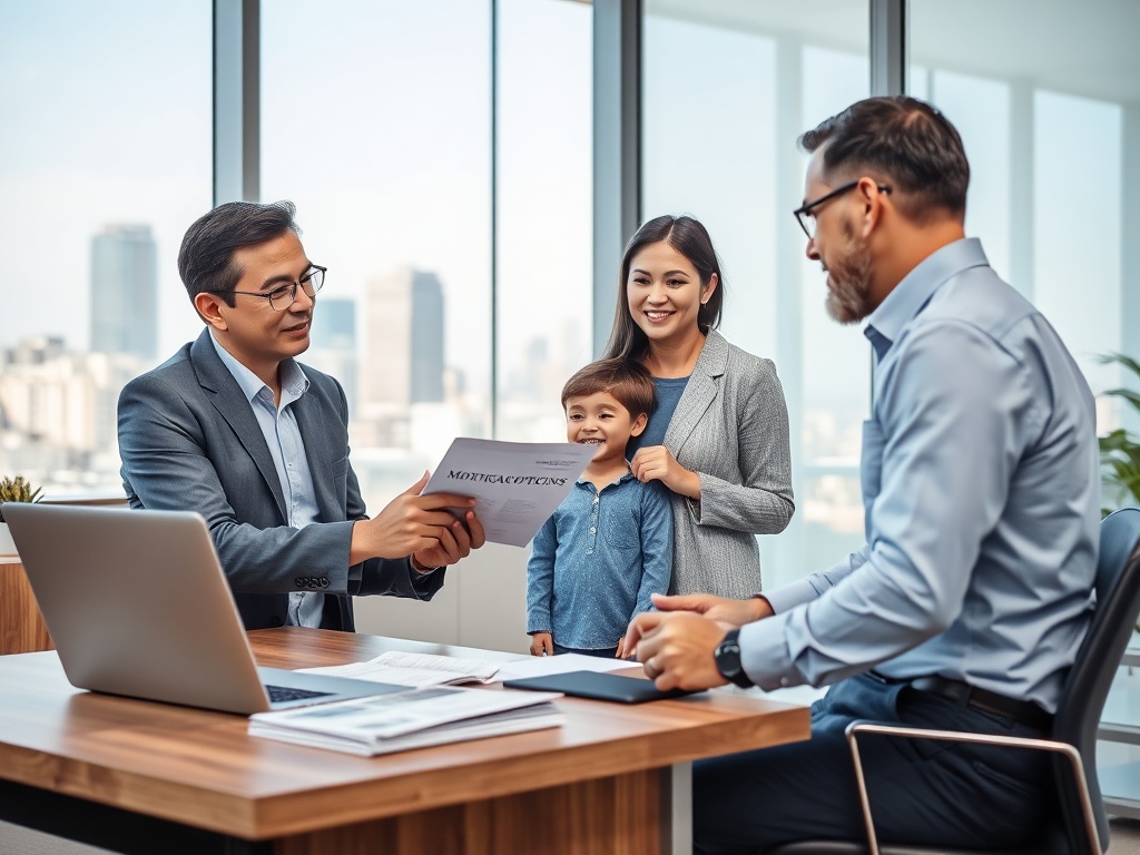 На изображении мужчина показывает документы на столе женщине и ребенку в офисе с городским пейзажем за окном.