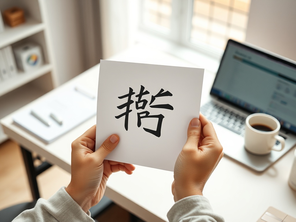 Рука держит карточку с иероглифами на фоне рабочего стола и ноутбука. На столе чашка с кофе.