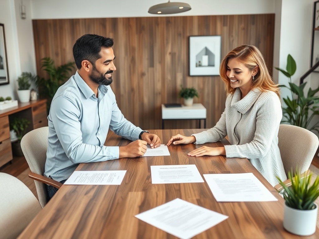 Два человека обсуждают документы за столом в светлом офисе с растениями на фоне.